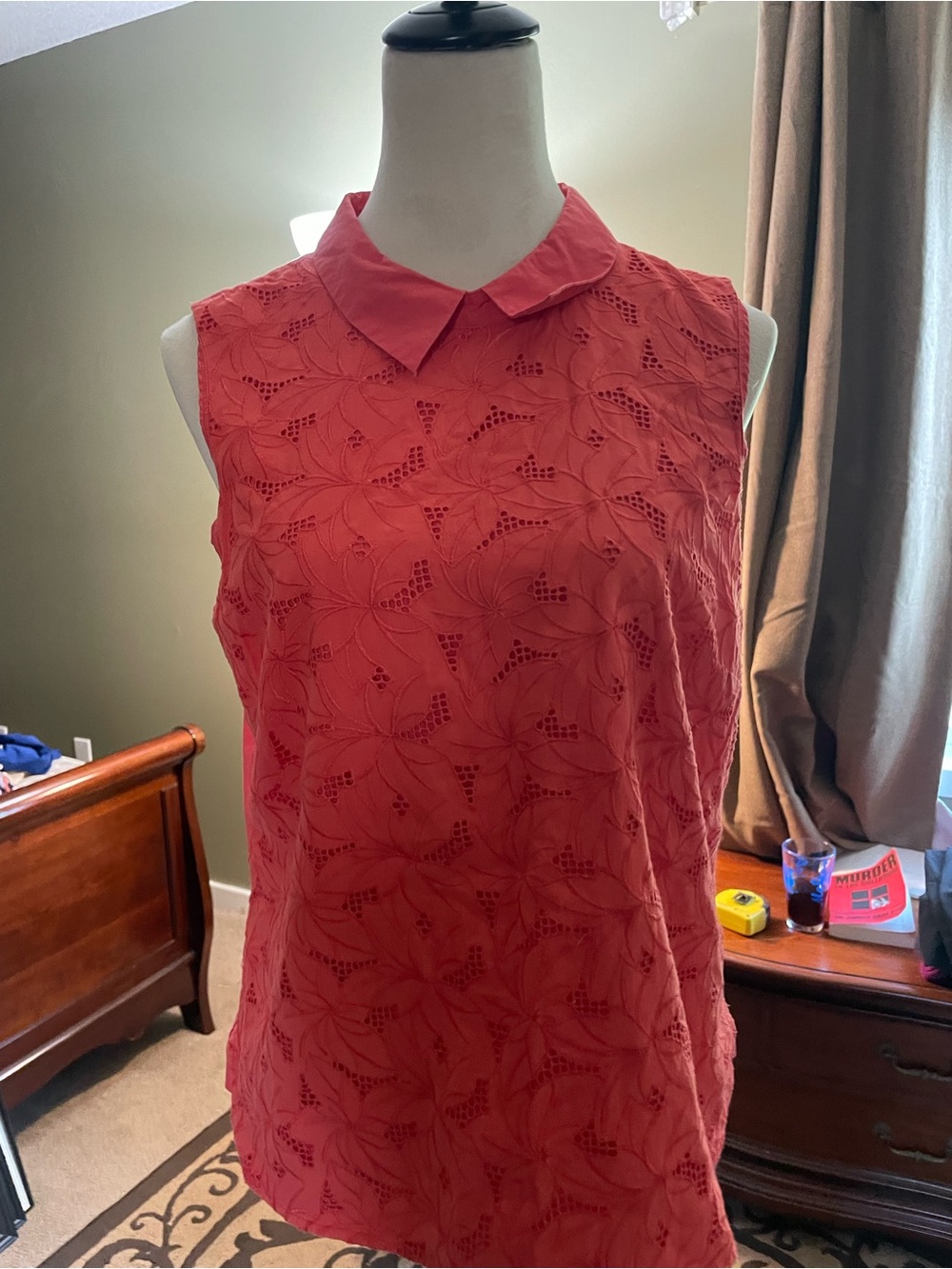 J. Crew Coral Sleeveless Eyelet Collared Blouse